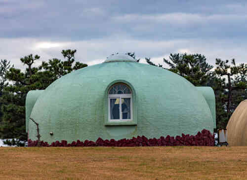 Dome house, Kaga, Ishikawa Prefecture, Japan. Dome houses are assembled from prefabricated components.